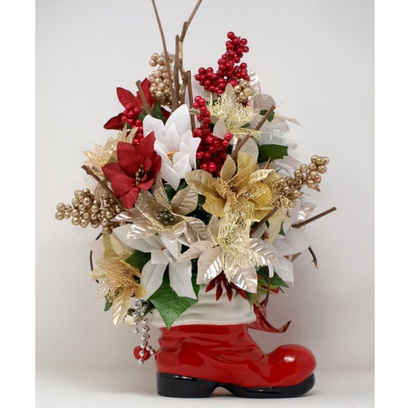 Holiday Vintage Santa Boot Floral Arrangement Centerpiece, Poinsettia Flowers - Picture 2 of 10